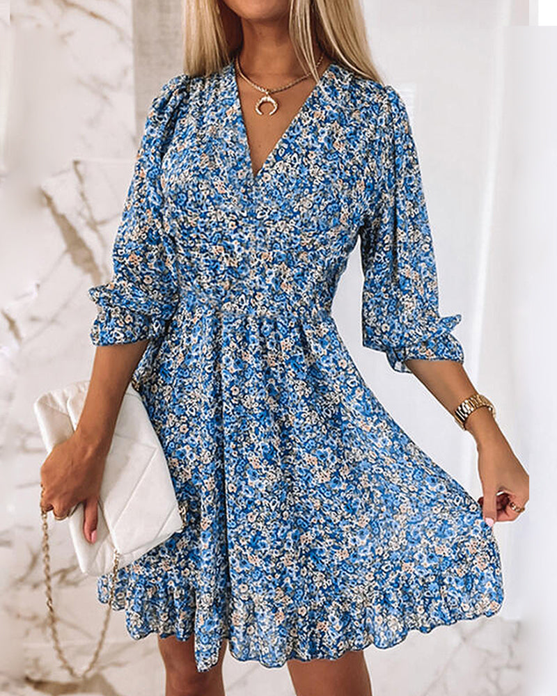 Trena - Romantisches gesmoktes Minikleid mit Blumendruck | Feminines Sommerkleid mit V-Ausschnitt und Puffärmeln