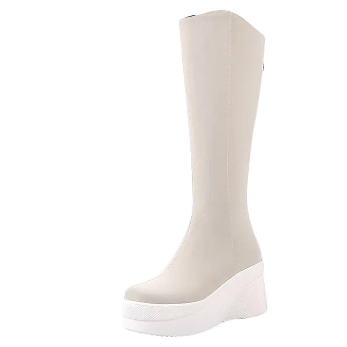 Damen Plateau-Stiefel Schwarz – Kniehohe Kunstlederstiefel mit Keilabsatz für Herbst und Winter