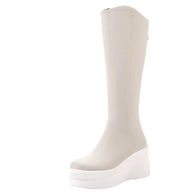 Damen Plateau-Stiefel Schwarz – Kniehohe Kunstlederstiefel mit Keilabsatz für Herbst und Winter