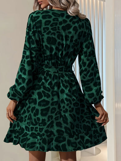 Stilvolles Leopardenmuster Wickelausschnitt Langarm Mit Gürtel In Der Taille Formelles Kleid Für Damen | Für formelle Anlässe