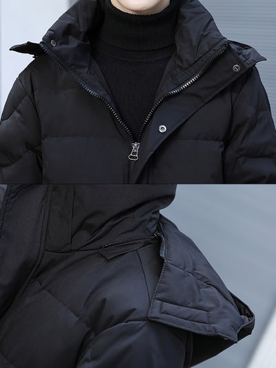 Lässige Schwarze Warme Lange Gepolsterte Kapuzen-Winterjacke Für Herren | Perfekt für Outdoor-Aktivitäten