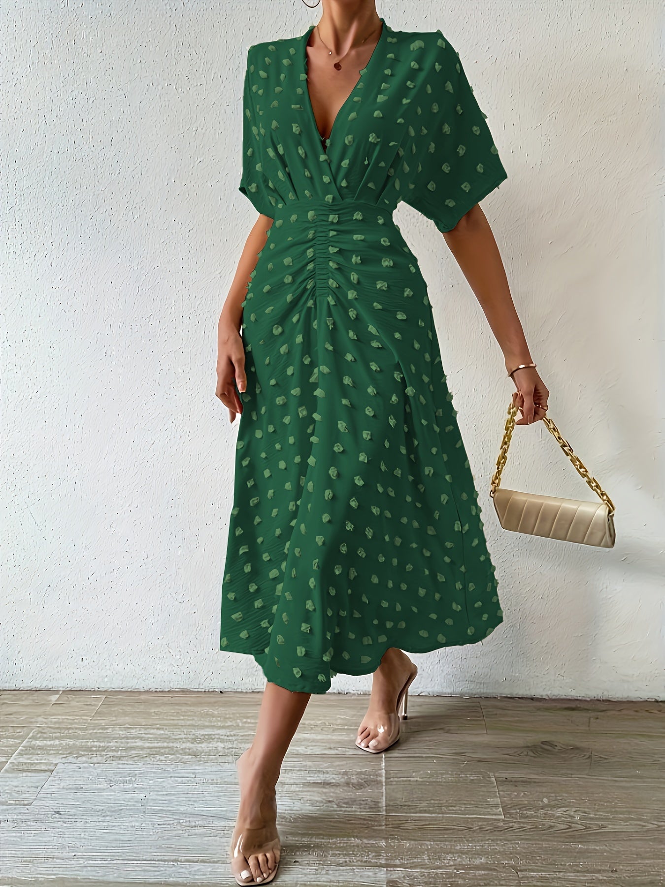 Stilvolles Schweizer Punkt Gerafft Gefaltet Tiefes Dekolleté Kurzarm Midi Formelles Kleid Für Damen | Für formelle Anlässe