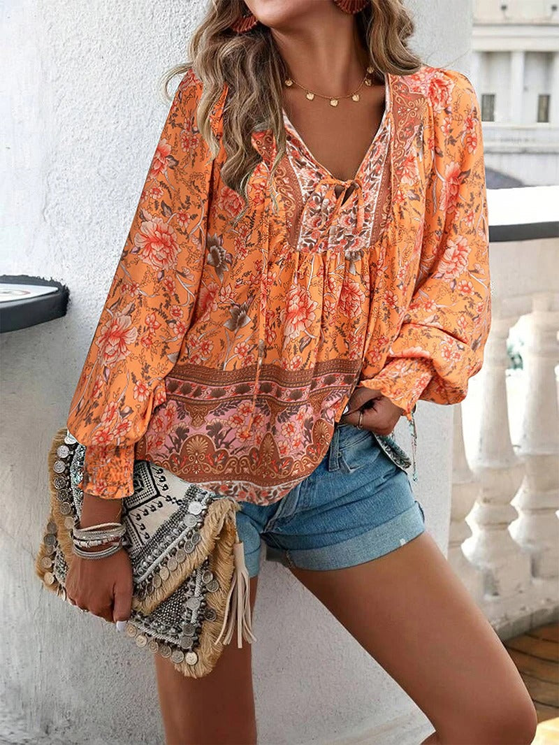 Bluse mit Boho-Muster | Lange Ärmel | Luftig und Verspielt