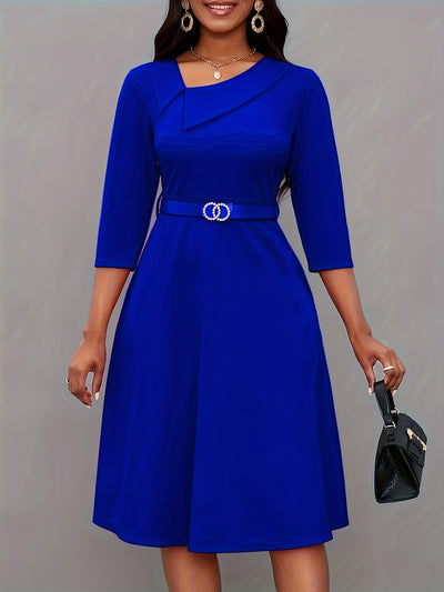 Stilvolles Einfarbiges Asymmetrisches Dekolleté Mit Gürtel 3/4 Ärmel Formelles Kleid Für Damen | Für formelle Anlässe