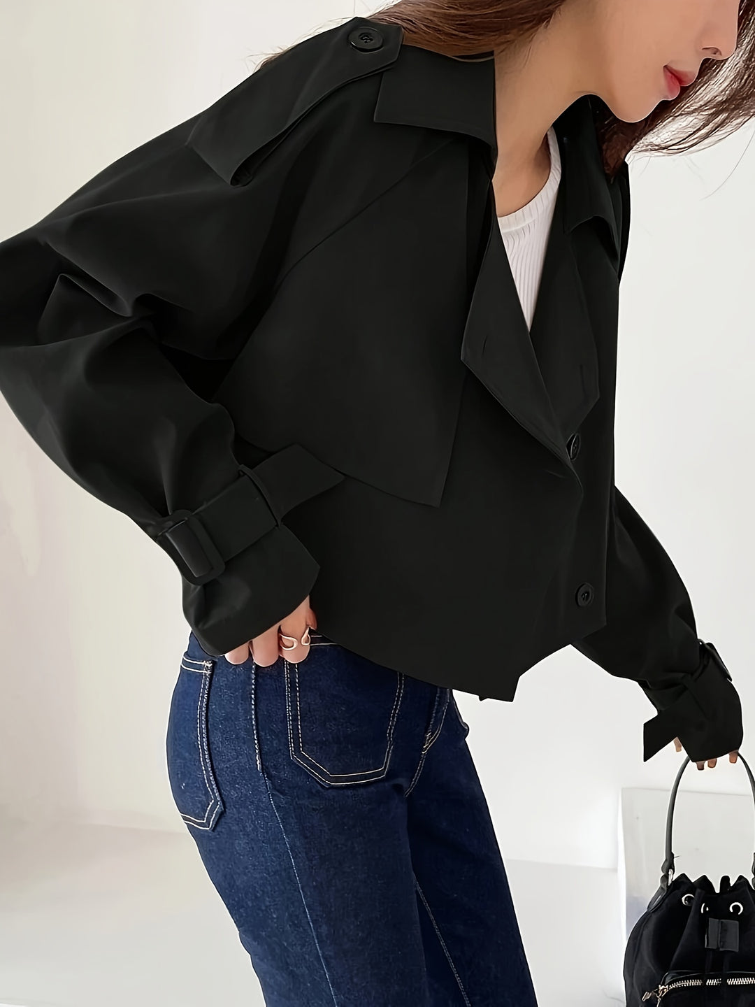 Casual Schwarzer Kurzer Trenchcoat mit Doppelt Knotendem Detail für Damen | Ideal für den Winter
