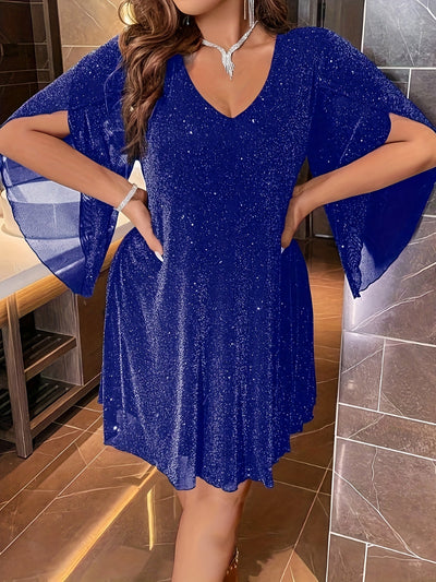 Elegantes Glitzerndes V-Ausschnitt Split-Ärmelformelles Kleid Für Damen | Für formelle Anlässe