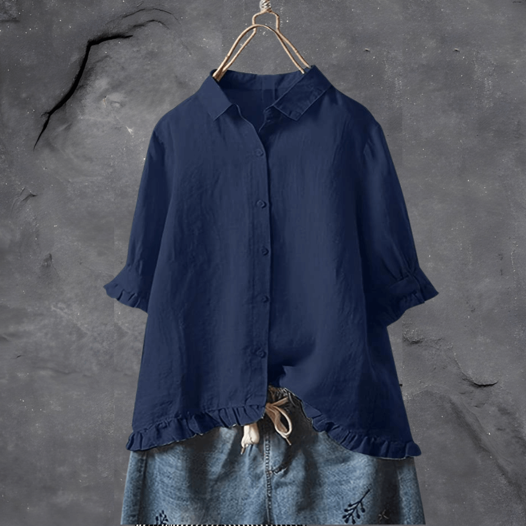 Annalisa - Button-Down-Bluse mit Dreiviertelärmeln und Rüschensaum | Entspannt schickes bequemes Blusentop