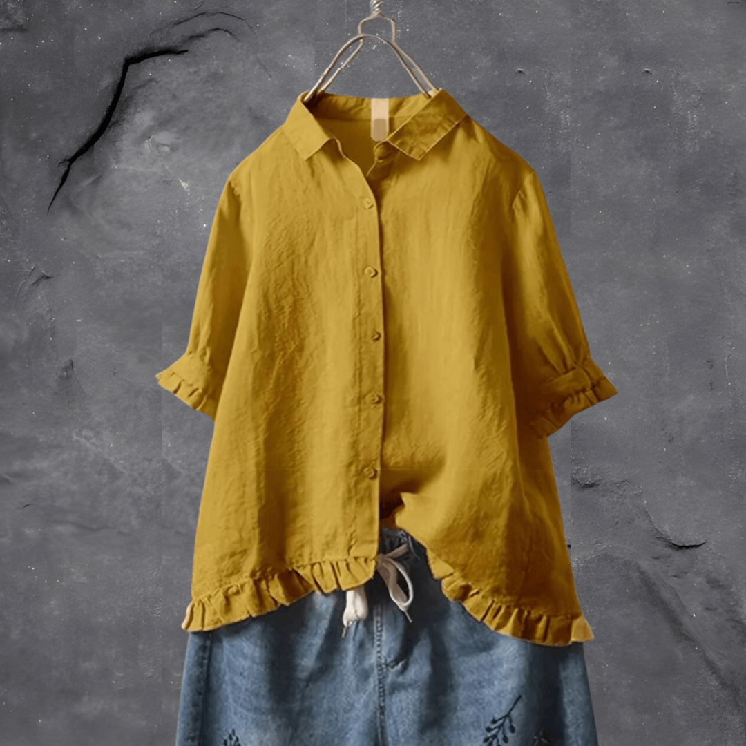 Annalisa - Button-Down-Bluse mit Dreiviertelärmeln und Rüschensaum | Entspannt schickes bequemes Blusentop