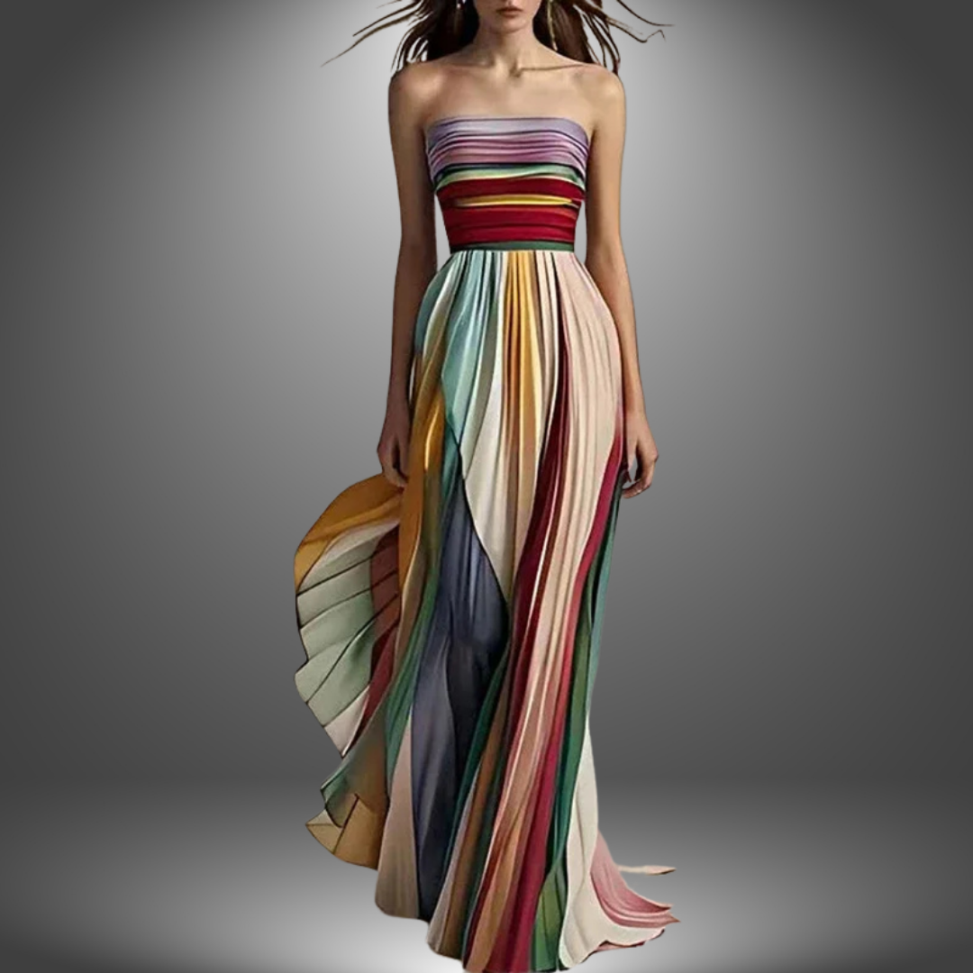 Celestine - Strapless Farbenfrohes Plissee Maxikleid