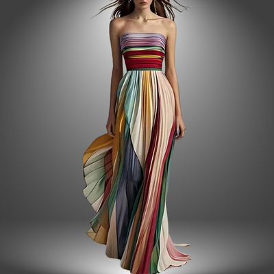 Celestine - Strapless Farbenfrohes Plissee Maxikleid