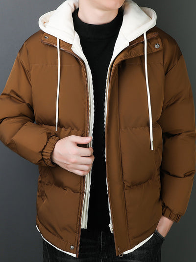 Lässige Schwarze Baumwoll-Fake-Doppelt Gepolsterte Kapuzen-Winterjacke Für Herren | Perfekt für Outdoor-Aktivitäten