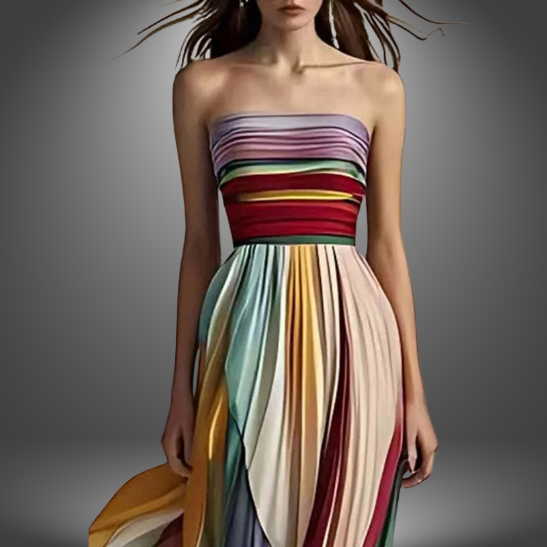 Celestine - Strapless Farbenfrohes Plissee Maxikleid