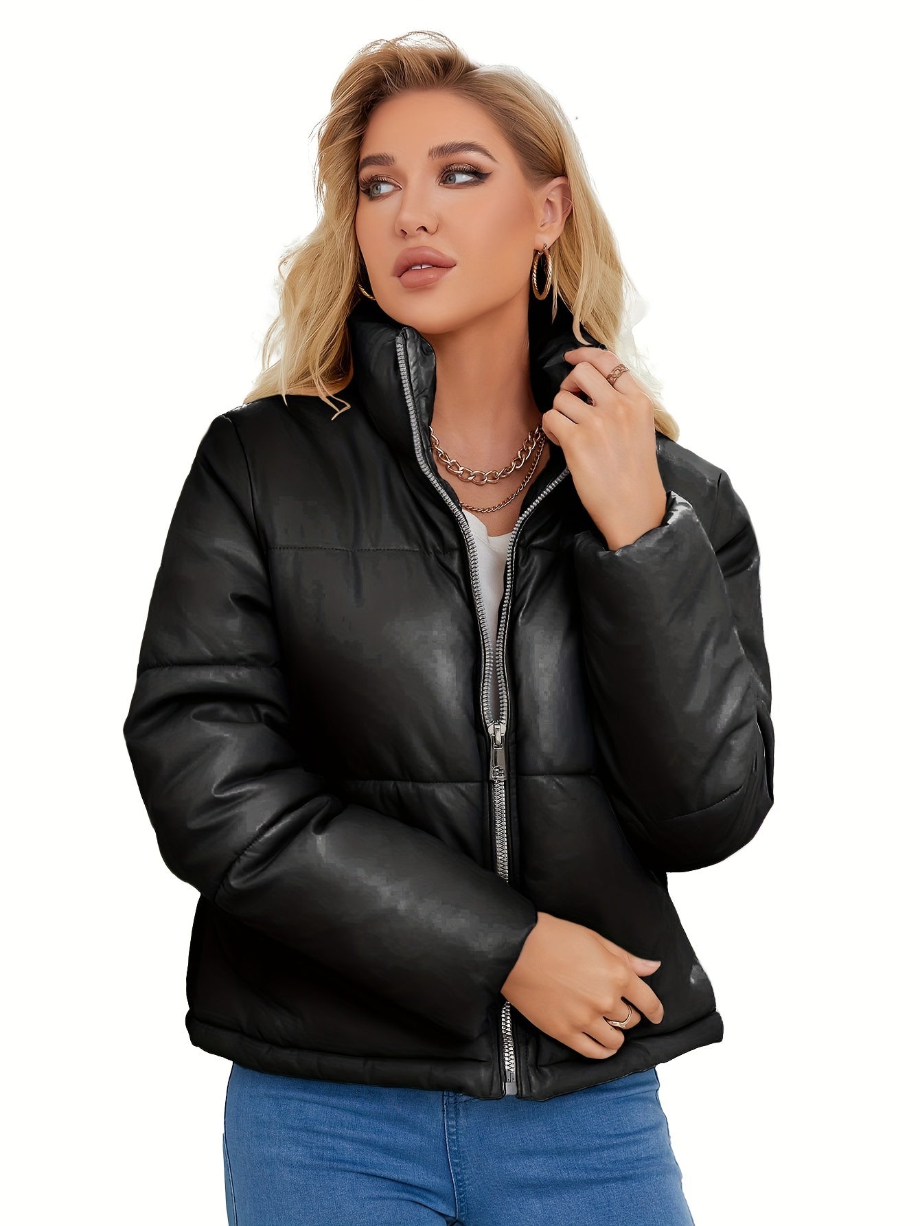 Elegante Kurze Vegane Leder Puffer Winterjacke für Damen | Ideal für Winter