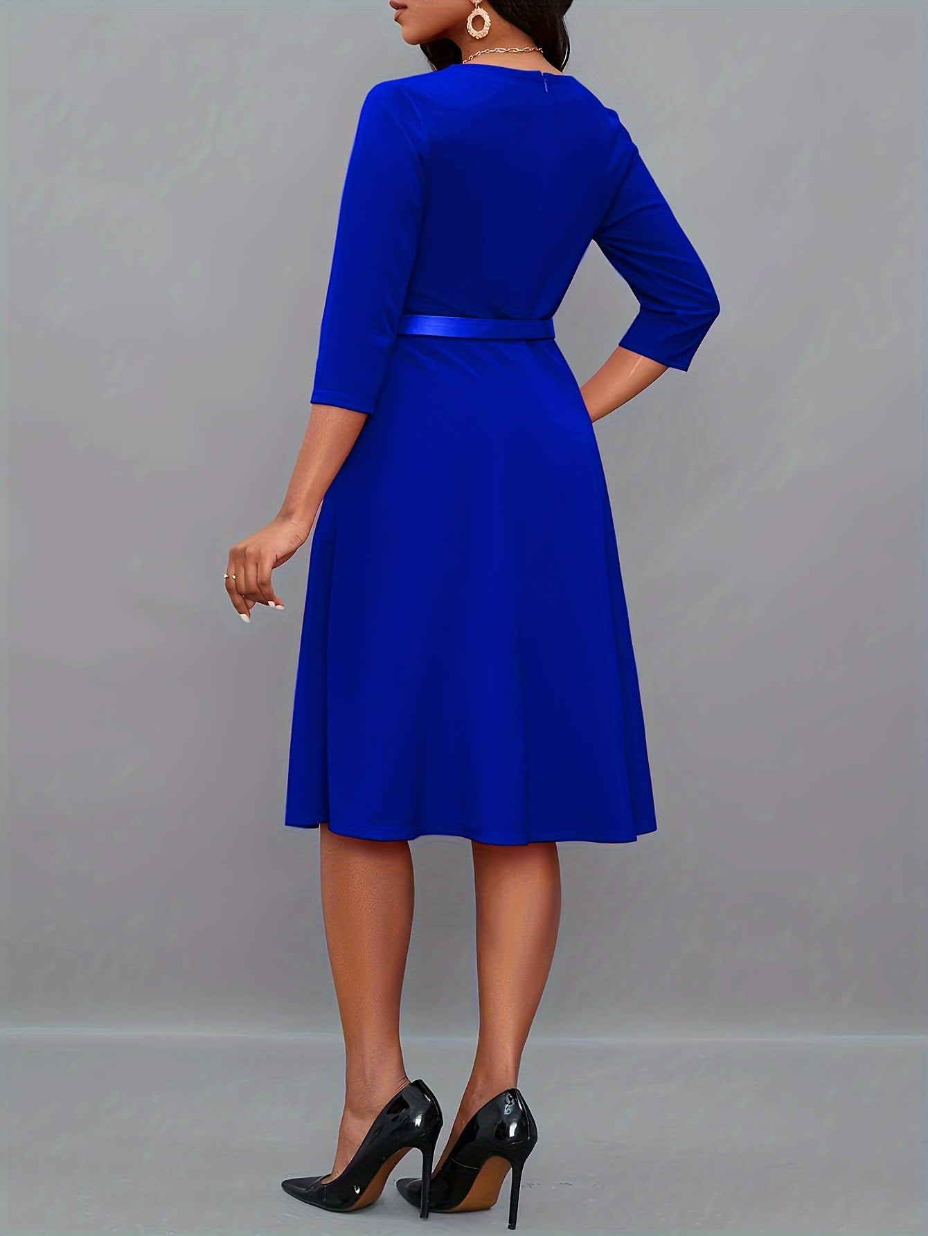 Stilvolles Einfarbiges Asymmetrisches Dekolleté Mit Gürtel 3/4 Ärmel Formelles Kleid Für Damen | Für formelle Anlässe