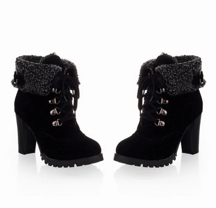 Damen Schnürstiefeletten – Gefütterte Ankle Boots mit Hohem Absatz und Fleece-Futter