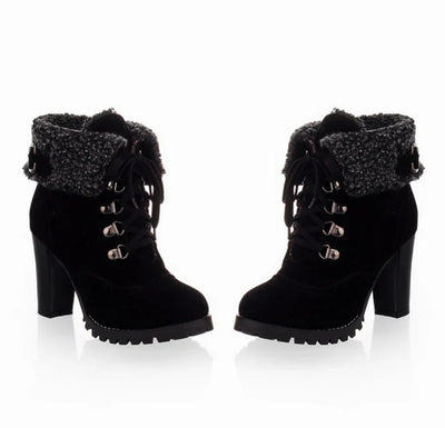 Damen Schnürstiefeletten – Gefütterte Ankle Boots mit Hohem Absatz und Fleece-Futter