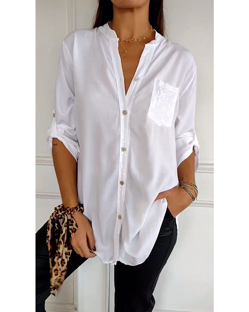 Amelia - Schicke Bluse mit Knopfleiste und Paillettenbesatz für Damen | Elegante Langarmbluse mit Paillettentasche