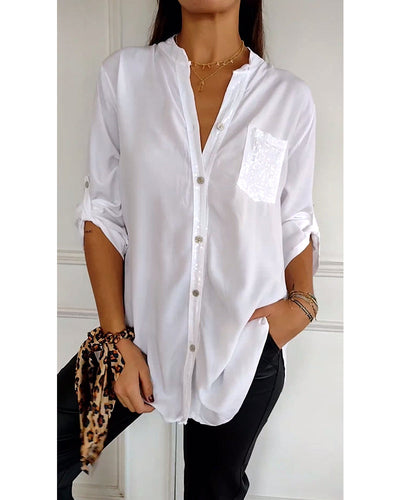 Amelia - Schicke Bluse mit Knopfleiste und Paillettenbesatz für Damen | Elegante Langarmbluse mit Paillettentasche