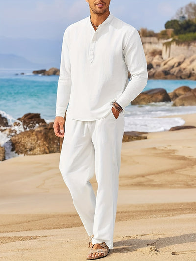 Moderner Reiner Baumwoll-Webstoff-Trainingsanzug mit Stehkragenhemd und Hose für Herren | Perfekt für Freizeitoutfits