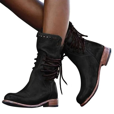 Damen Lederstiefeletten – Vintage Schnürstiefel mit Nieten und Flachem Absatz aus Echtleder