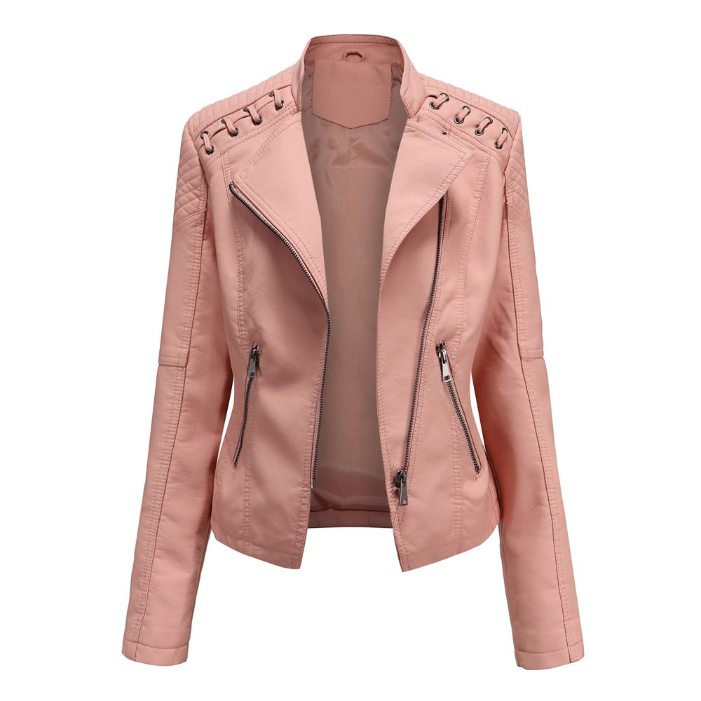 Elegante Lederjacke Mit Stickstil Auf Der Schulter Für Damen | Luxuriöse Streetwear