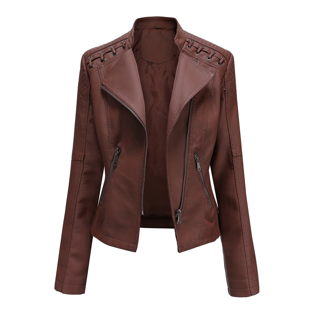 Elegante Lederjacke Mit Stickstil Auf Der Schulter Für Damen | Luxuriöse Streetwear