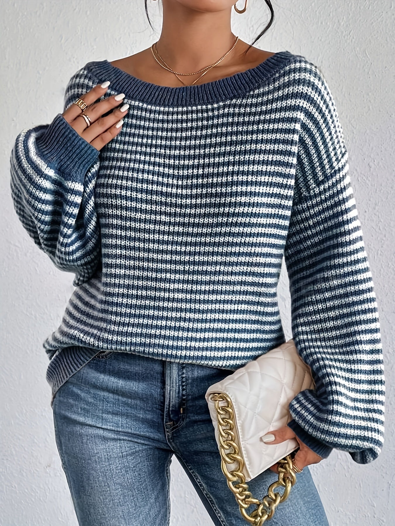 Lässiger gestreifter Off-Shoulder-Pullover mit dehnbarer Stoff und Rundhalsausschnitt für Damen | Perfekt für den Alltag