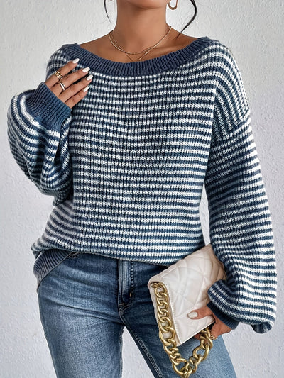 Lässiger gestreifter Off-Shoulder-Pullover mit dehnbarer Stoff und Rundhalsausschnitt für Damen | Perfekt für den Alltag
