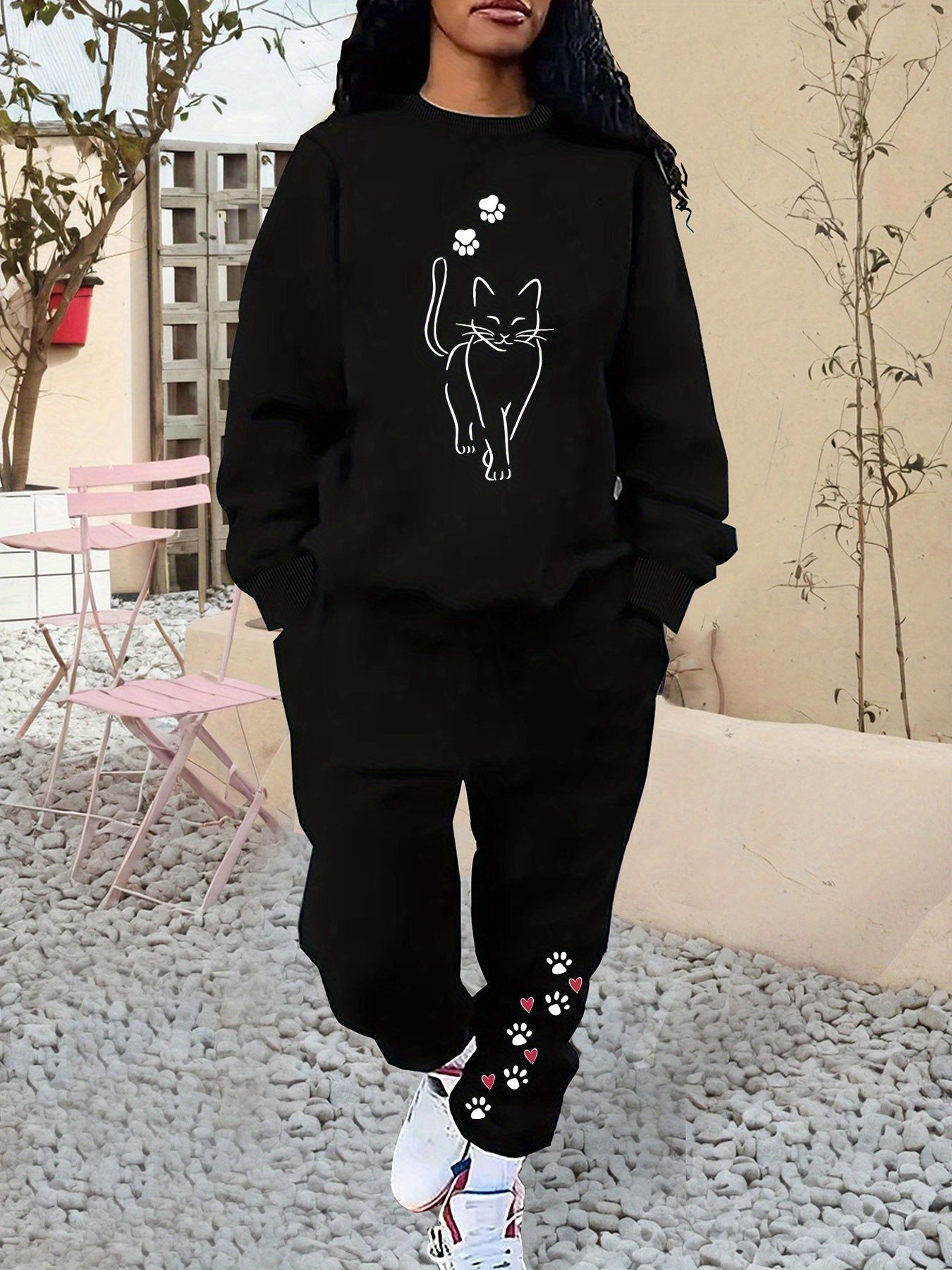 Bequemer Baumwollpullover Mit Katzenprint & Jogginghose Für Damen | Ideal für Herbst/Winter