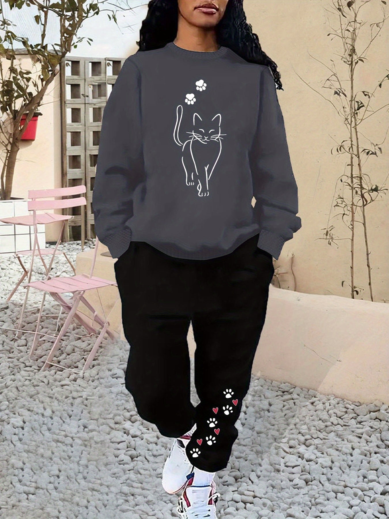 Bequemer Baumwollpullover Mit Katzenprint & Jogginghose Für Damen | Ideal für Herbst/Winter