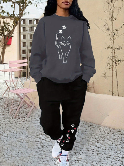 Bequemer Baumwollpullover Mit Katzenprint & Jogginghose Für Damen | Ideal für Herbst/Winter
