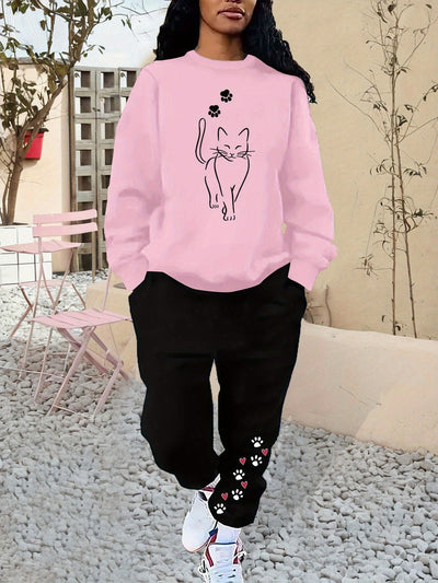 Bequemer Baumwollpullover Mit Katzenprint & Jogginghose Für Damen | Ideal für Herbst/Winter