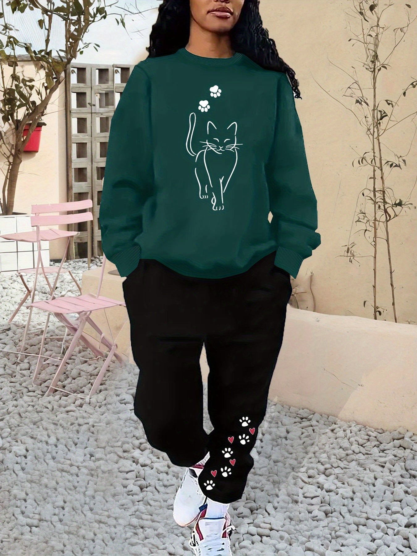 Bequemer Baumwollpullover Mit Katzenprint & Jogginghose Für Damen | Ideal für Herbst/Winter