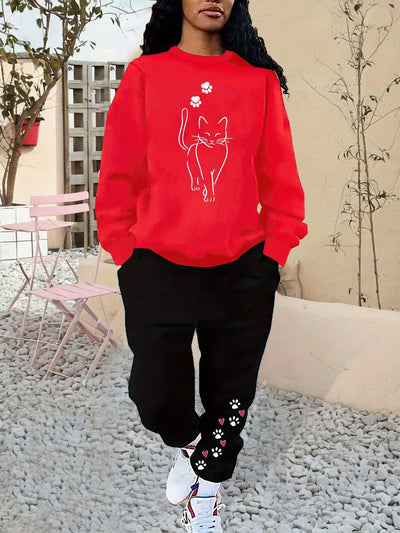 Bequemer Baumwollpullover Mit Katzenprint & Jogginghose Für Damen | Ideal für Herbst/Winter
