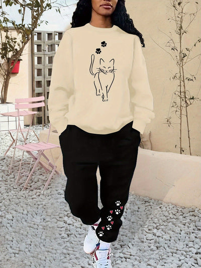 Bequemer Baumwollpullover Mit Katzenprint & Jogginghose Für Damen | Ideal für Herbst/Winter