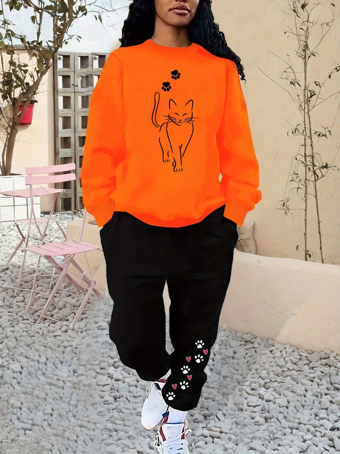 Bequemer Baumwollpullover Mit Katzenprint & Jogginghose Für Damen | Ideal für Herbst/Winter