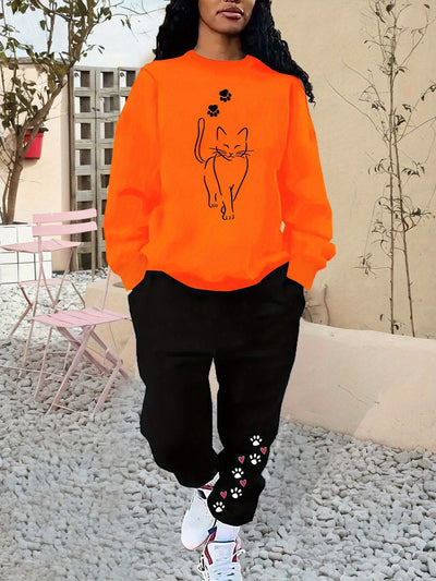 Bequemer Baumwollpullover Mit Katzenprint & Jogginghose Für Damen | Ideal für Herbst/Winter