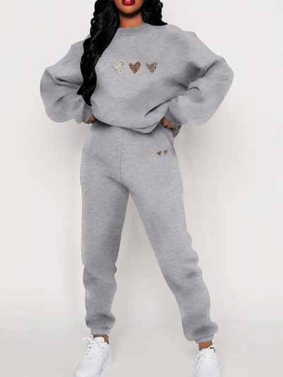 Bequemer Baumwollstrickpullover Mit Herzprint & Jogginghose Für Damen | Perfekt für Herbst/Winter