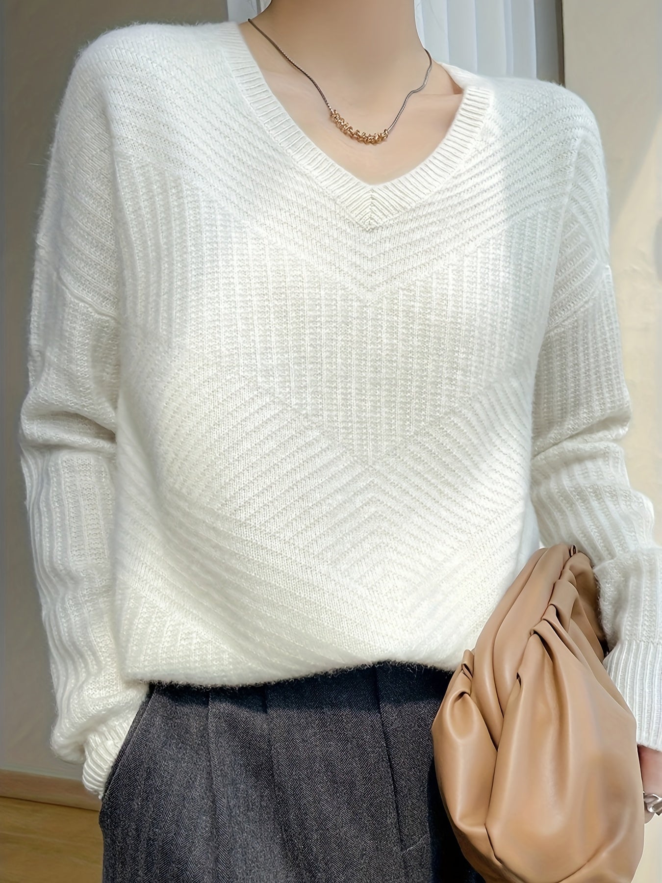 Lässiger V-Ausschnitt-Pullover aus 100% Wolle in einfarbigem Design für Damen | Perfekt für lässige Tage