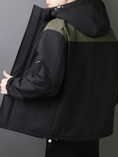 Lässige Schwarze Baumwoll-Kapuzen Windbreaker Winterjacke Für Herren | Perfekt für Outdoor-Aktivitäten