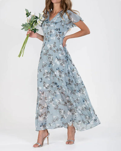 Trixia - Florales Maxikleid Damen | Chiffonstoff luftiges Sommerkleid | Maxikleid mit fließendem Rock
