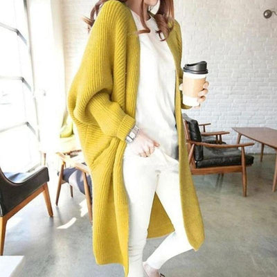 Damen Oversized Strickcardigan – Weicher, Langer Cardigan in Blau und Gelb – Bequemer Offener Grobstrick für Herbst & Winter