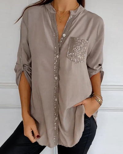 Amelia - Schicke Bluse mit Knopfleiste und Paillettenbesatz für Damen | Elegante Langarmbluse mit Paillettentasche