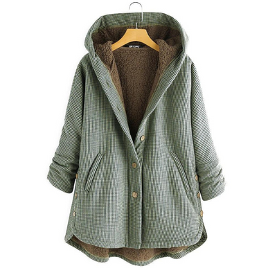 Damen Kapuzenjacke im Karo-Look – Warme Winterjacke mit Plüschfutter und Knopfleiste