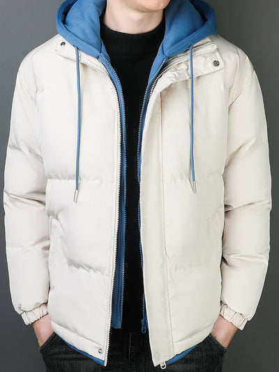 Lässige Schwarze Baumwoll-Fake-Doppelt Gepolsterte Kapuzen-Winterjacke Für Herren | Perfekt für Outdoor-Aktivitäten
