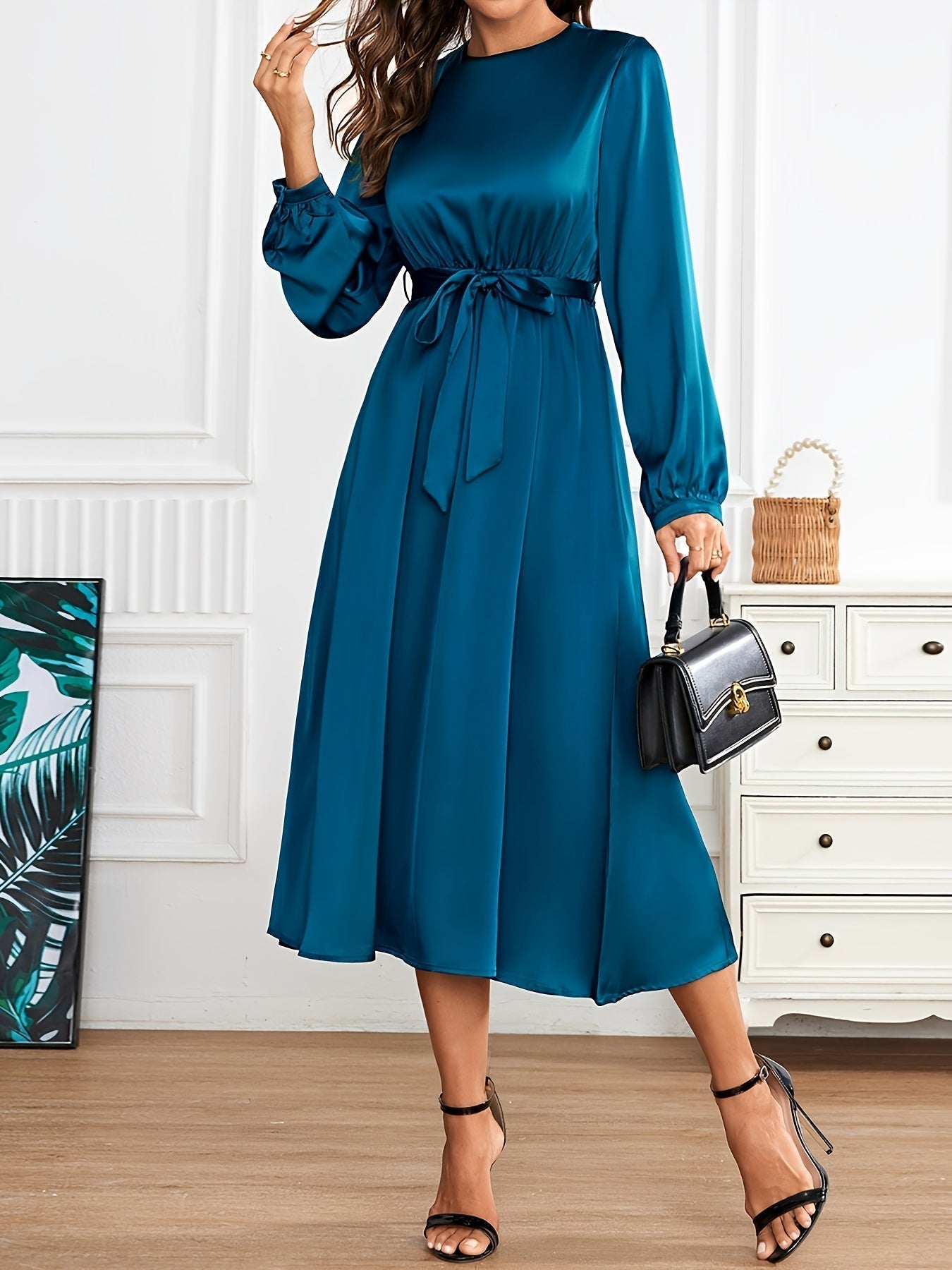 Casual Satin Rundhals Mit Gürtel In Der Taille A-Linie Langarm Formelles Kleid Für Damen | Für formelle Anlässe