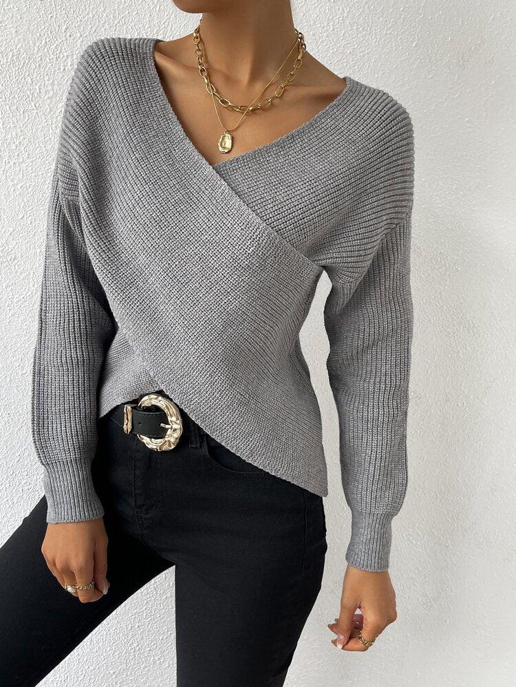 Strickpullover mit Wickeloptik | V-Ausschnitt | Strukturierte Eleganz
