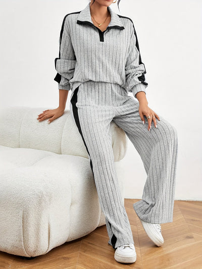 Stilvolles Oberteil Mit Überschnittenen Schultern Pullover & Weitgeschnittene Jogginghose Outfit Für Damen | Ideal für Herbst/Winter