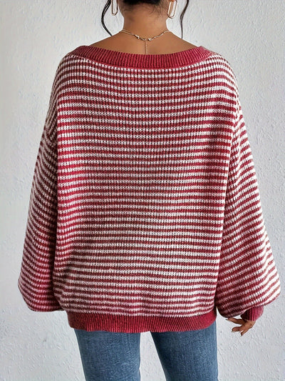 Lässiger gestreifter Off-Shoulder-Pullover mit dehnbarer Stoff und Rundhalsausschnitt für Damen | Perfekt für den Alltag