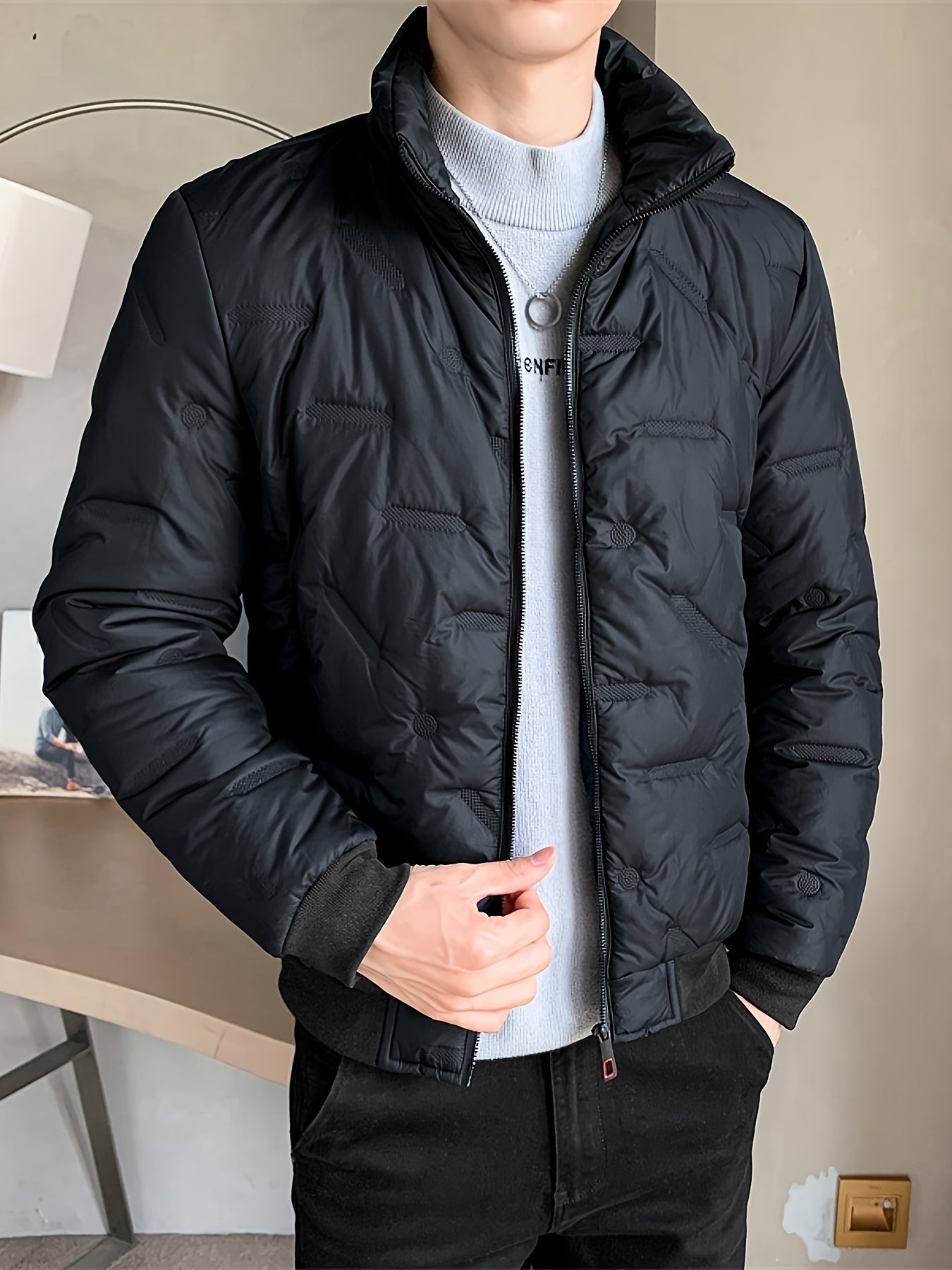 Einfarbige Zip-Up Stehkragen Puffer Winterjacke für Herren | Ideal für den Winter